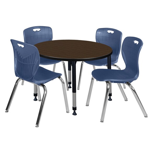 Regency Round Kee Adjustable Classroom Table W/ 4 Andy Stack Chairs, 36 in W, 36 in L, Neo Walnut - TB36RNDNWAPBK40NV