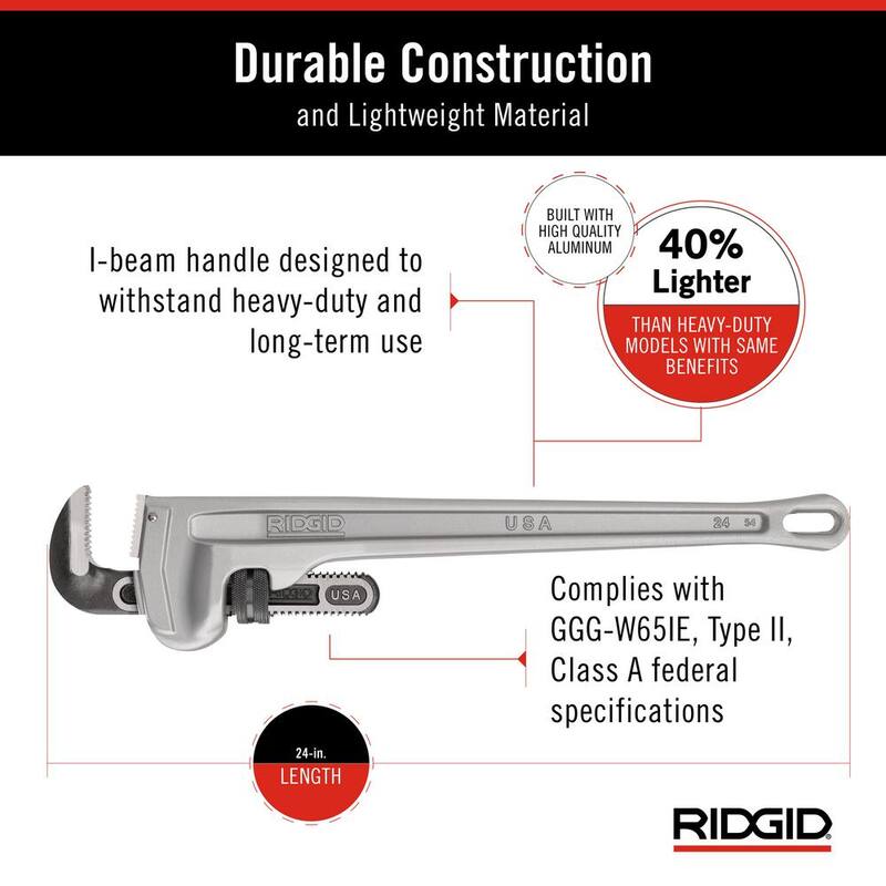 RIDGID 24 in. Aluminum Straight Pipe Wrench for Plumbing, Sturdy Plumbing Pipe Tool with Self Cleaning Threads and Hook Jaws - 31105