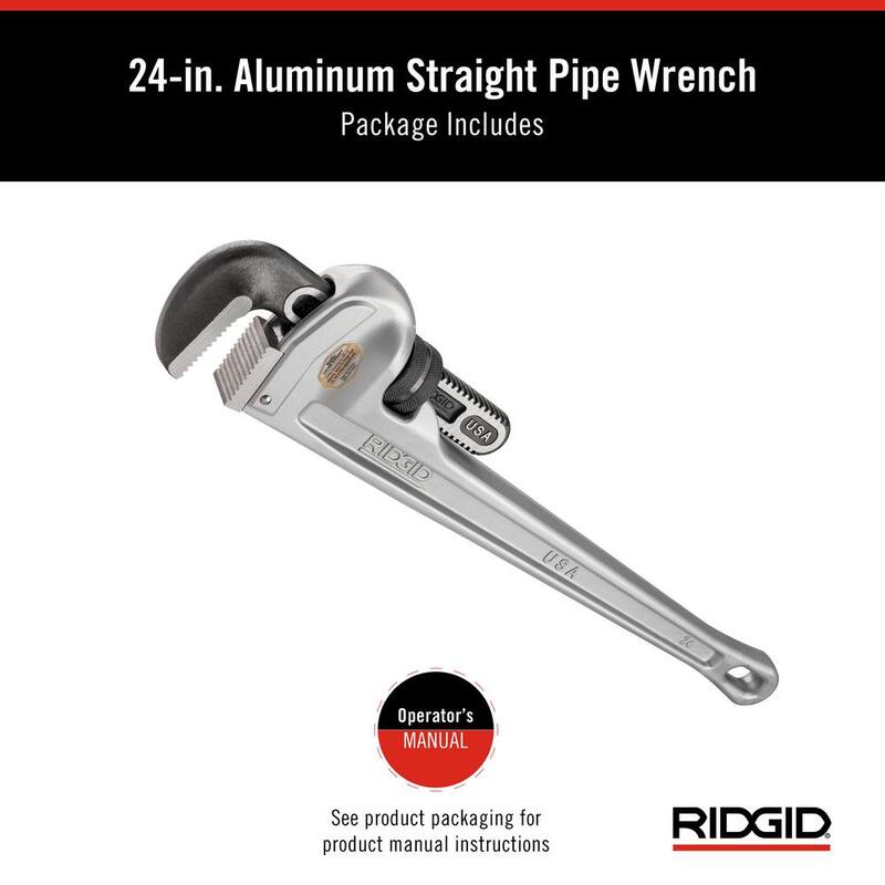 RIDGID 24 in. Aluminum Straight Pipe Wrench for Plumbing, Sturdy Plumbing Pipe Tool with Self Cleaning Threads and Hook Jaws - 31105