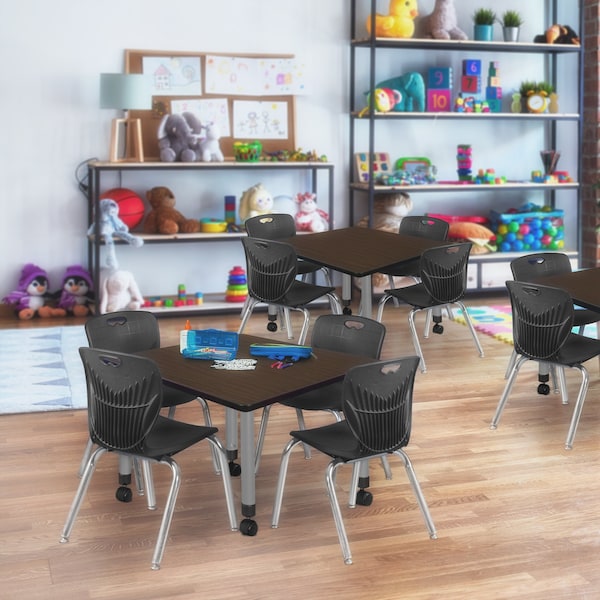 Regency Square Kee Mobile Adjustable Classroom Table W/ 4 Andy Chairs, 30 in W, 30 in L, Neo Walnut - TB3030NWAPCGY45BK