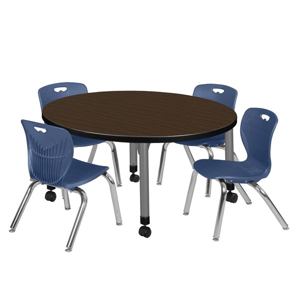 Regency Round Kee Mobile Adjustable Classroom Table W/ 4 Andy Chairs, 36 in W, 36 in L, Neo Walnut - TB36RNDNWAPCGY45NV