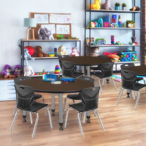 Regency Round Kee Adjustable Classroom Table W/ 4 Andy Stack Chairs, 48 in W, 48 in L, Neo Walnut - TB48RNDNWAPGY45BK