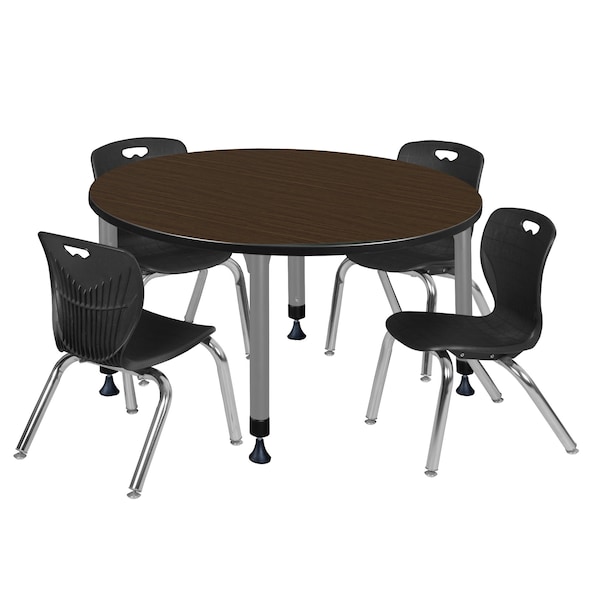 Regency Round Kee Adjustable Classroom Table W/ 4 Andy Stack Chairs, 48 in W, 48 in L, Neo Walnut - TB48RNDNWAPGY45BK