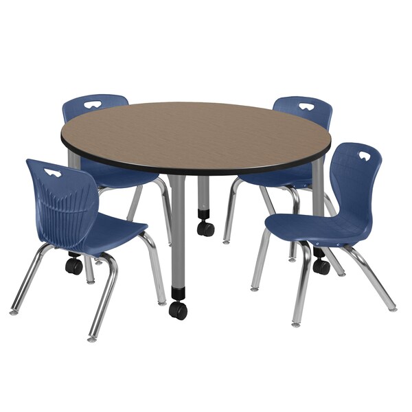Regency Round Kee Mobile Adjustable Classroom Table W/ 4 Andy Chairs, 48 in W, 48 in L, Noble Oak - TB48RNDNOAPCGY45NV