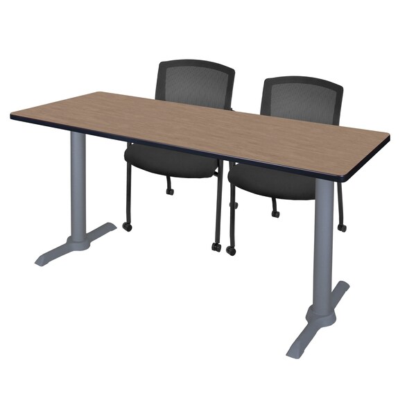 Regency Kobe T-Base Training Seminar Table W/ 2 Knight Mesh Chairs, 60 in W, 24 in L, Noble Oak - MTRCT6024NOGY56CBK