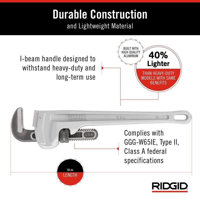 RIDGID 18 in. Aluminum Straight Pipe Wrench for Plumbing, Sturdy Plumbing Pipe Tool with Self Cleaning Threads and Hook Jaws - 31100