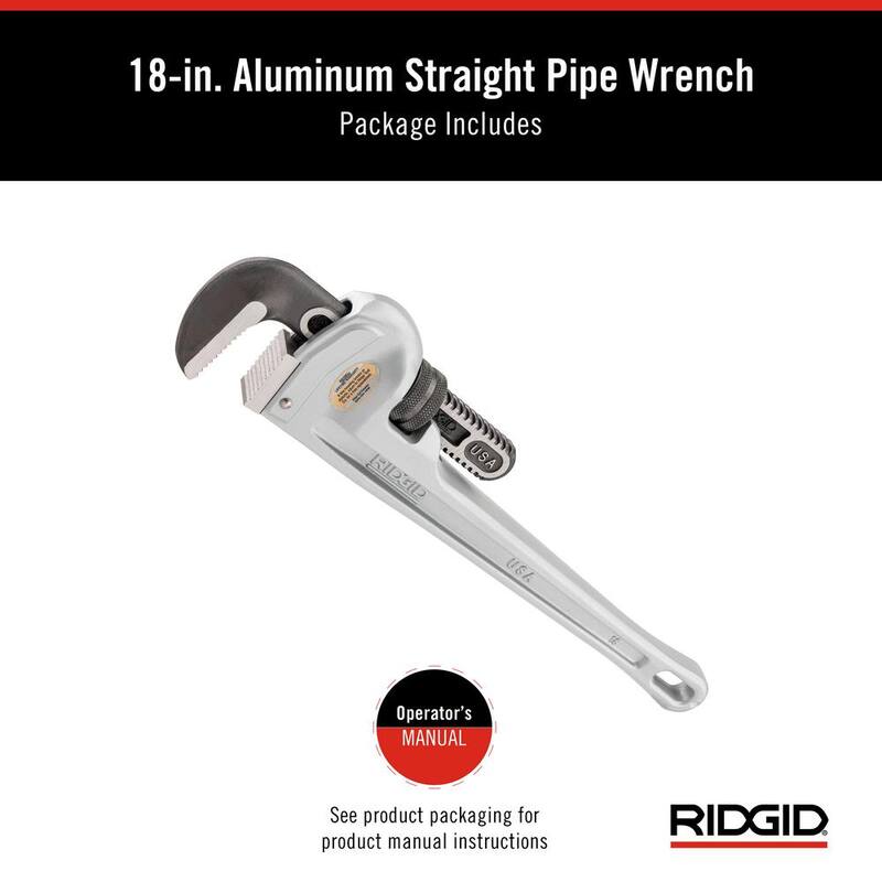 RIDGID 18 in. Aluminum Straight Pipe Wrench for Plumbing, Sturdy Plumbing Pipe Tool with Self Cleaning Threads and Hook Jaws - 31100