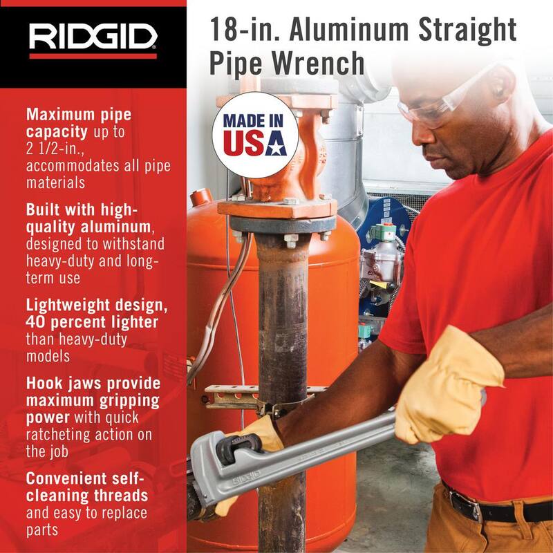 RIDGID 18 in. Aluminum Straight Pipe Wrench for Plumbing, Sturdy Plumbing Pipe Tool with Self Cleaning Threads and Hook Jaws - 31100