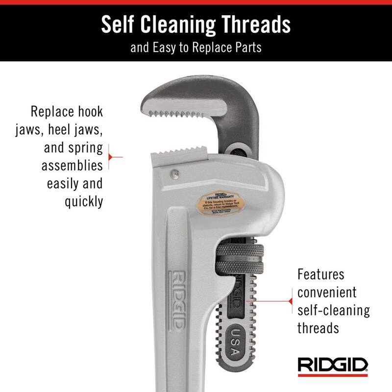 RIDGID 18 in. Aluminum Straight Pipe Wrench for Plumbing, Sturdy Plumbing Pipe Tool with Self Cleaning Threads and Hook Jaws - 31100
