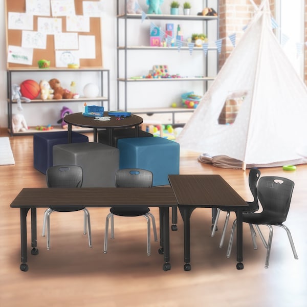 Regency Kee Mobile Adjustable Classroom Table W/ 2 Andy Stack Chairs, 72 in W, 24 in L, Neo Walnut - MT7224NWAPCBK45BK