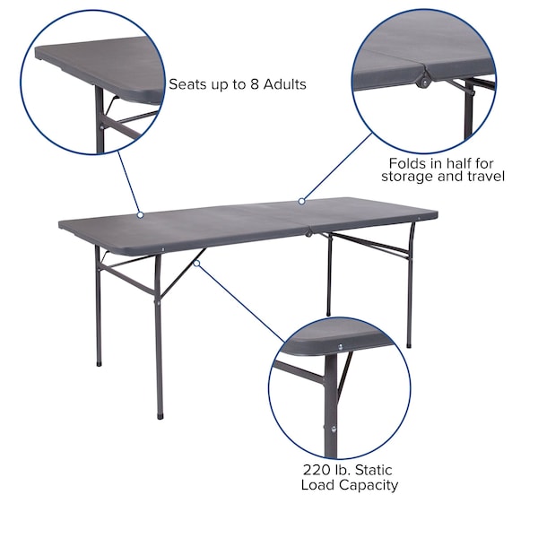 Flash Furniture Rectangle Folding Table, 30" W, 72" L, 29" H, Plastic Top, Grey - DAD-LF-183Z-DG-GG