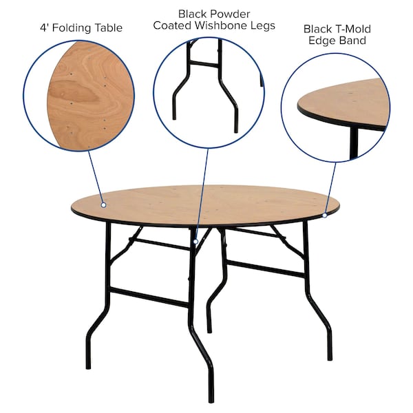 Flash Furniture Round Folding Table, 48" W, 48" L, 30.25" H, Wood Top, Wood Grain - YT-WRFT48-TBL-GG