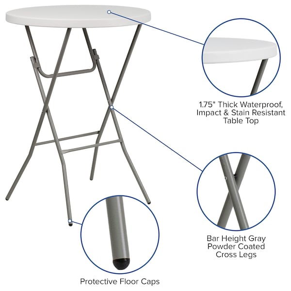 Flash Furniture Round Fold Bar Table, Plastic, Rnd, White, 32", 31.5" W, 31.5" L, 43.5" H, Plastic Top, White - RB-32RB-BAR-GW-GG