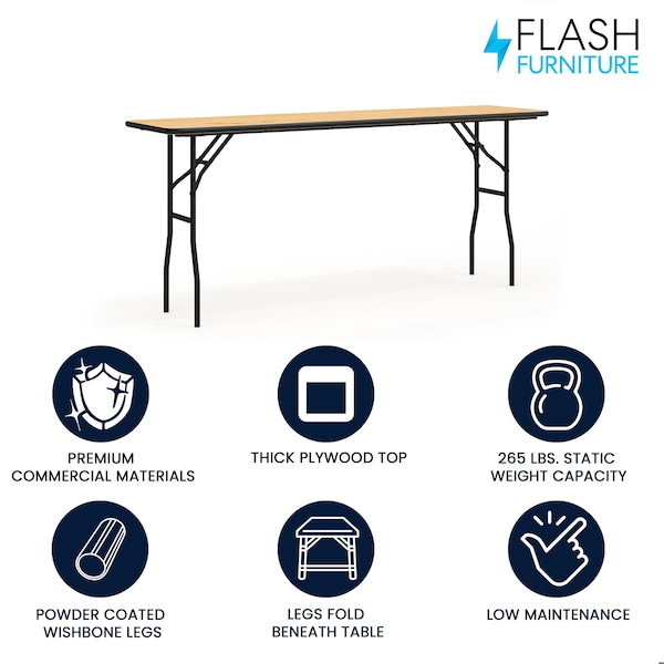 Flash Furniture Rectangle Training Table, 18" W, 72" L, 30.25" H, Wood Top, Wood Grain - YT-WTFT18X72-TBL-GG