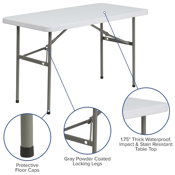 Flash Furniture Rectangle Wh 24X48 Plastic Fold Table, 24" W, 48.25" L, 29" H, Plastic Top, White - DAD-YCZ-122-2-GG