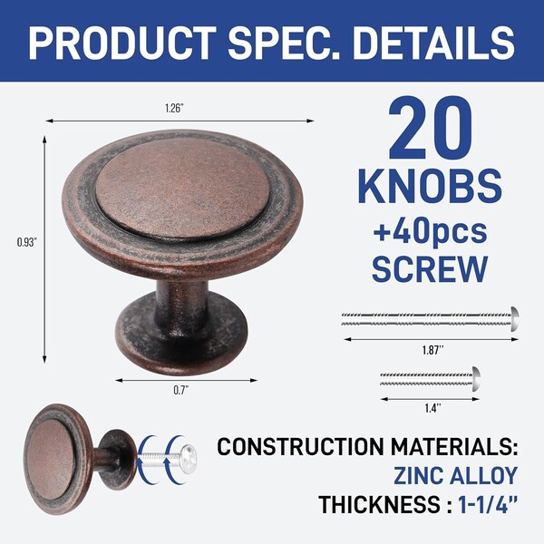 Lifemaster 1-1/4in Cabinet Knobs, Oil Rubbed Bronze, Durable Zinc Alloy, Easy Installation, 20PK - LMKNBGLD20