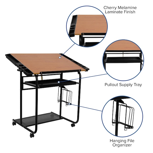 Flash Furniture Mobile Draft Table, 35-1/4" W, 31-1/4" H, Laminate Cherry - NAN-JN-2739-GG