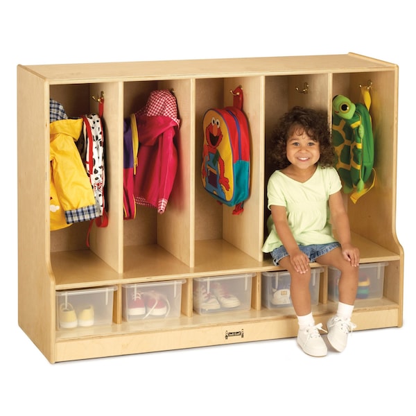 Jonti-Craft Toddler 5 Section Coat Locker with Step, with Clear Cubbie-Trays - 66850JC