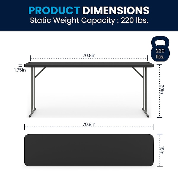 Flash Furniture 18 W, 70.8 L, 29 H, Metal, Plastic, Plastic: Polyethylene Top, Black - RB-1872-BK-GG