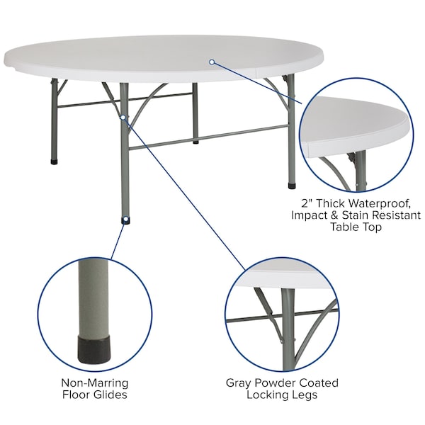 Flash Furniture Round Wh 72Rnd Plastic Bi-Fold Table, 71" W, 71" L, 29" H, Plastic Top, White - DAD-183RZ-GG