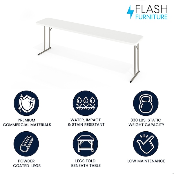 Flash Furniture Rectangle Fold Training Table, Wht, 18X96, 18" W, 96" L, 29" H, Plastic Top, White - DAD-YCZ-244-2-GW-GG