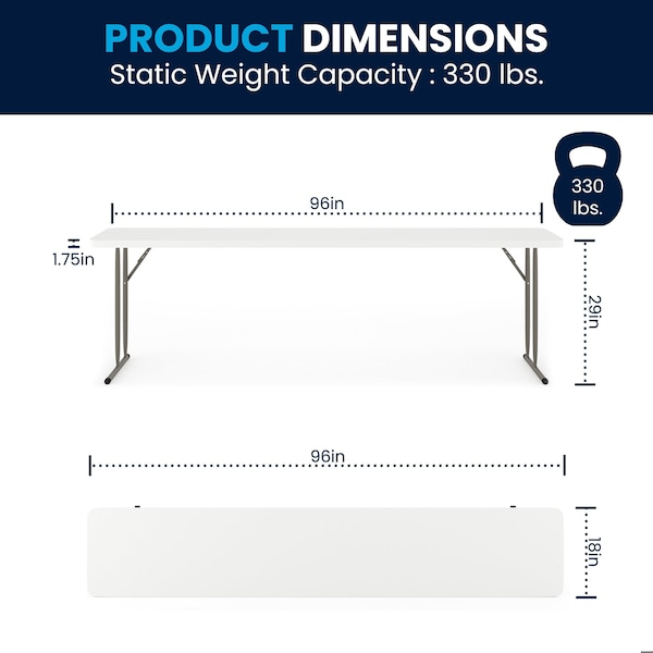 Flash Furniture Rectangle Fold Training Table, Wht, 18X96, 18" W, 96" L, 29" H, Plastic Top, White - DAD-YCZ-244-2-GW-GG