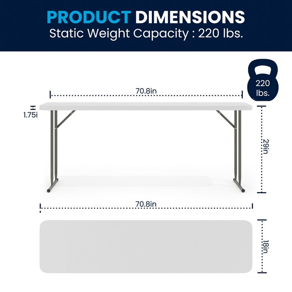 Flash Furniture Rectangle Training Table, 18 W, 70.8 L, 29 H, Metal, Plastic, Plastic: Polyethylene Top - RB-1872-GG