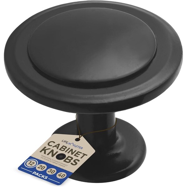 Lifemaster 1-1/4in Matte Black Cabinet Knobs, Rust-Proof, Zinc Alloy, Adjustable Screws, 12PK - LMKNBBLK12