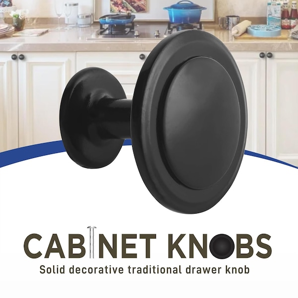 Lifemaster 1-1/4in Matte Black Cabinet Knobs, Rust-Proof, Zinc Alloy, Adjustable Screws, 12PK - LMKNBBLK12