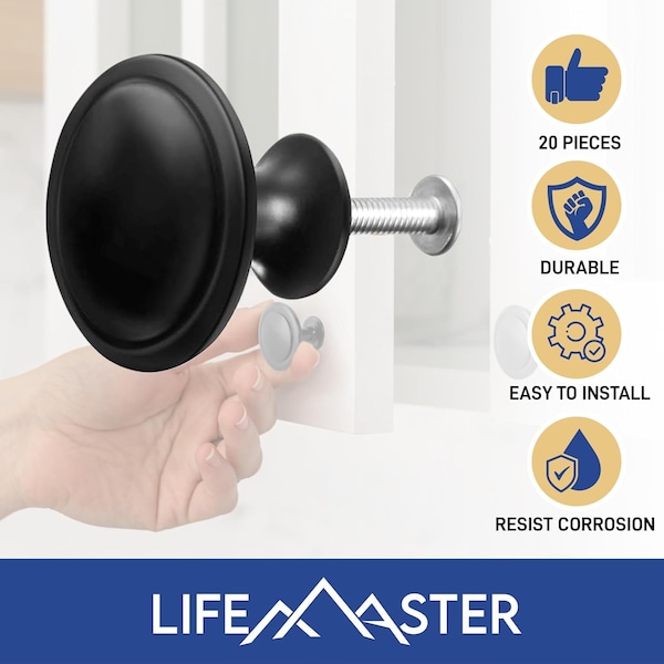 Lifemaster 1-1/4in Matte Black Cabinet Knobs, Rust-Proof, Zinc Alloy, Adjustable Screws, 12PK - LMKNBBLK12