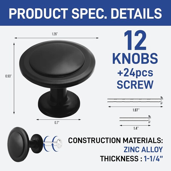 Lifemaster 1-1/4in Matte Black Cabinet Knobs, Rust-Proof, Zinc Alloy, Adjustable Screws, 12PK - LMKNBBLK12