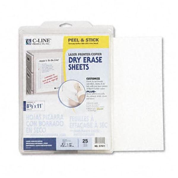 C-Line Products C-Line 57911 Self-Stick Dry Erase Sheets  8-1/2 x 11  White  25 Sheets/Box - 57911