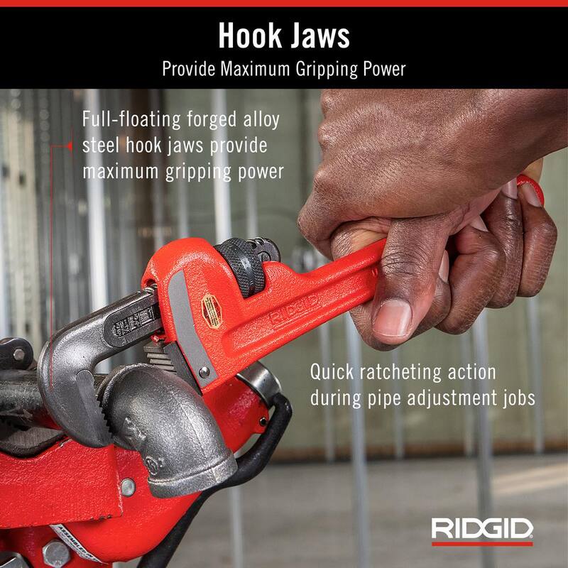 RIDGID 10 in. Straight Pipe Wrench for Heavy-Duty Plumbing, Sturdy Plumbing Pipe Tool with Self Cleaning Threads and Hook Jaws - 31010