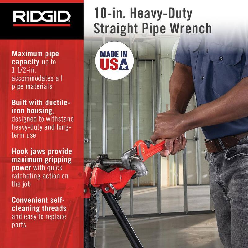 RIDGID 10 in. Straight Pipe Wrench for Heavy-Duty Plumbing, Sturdy Plumbing Pipe Tool with Self Cleaning Threads and Hook Jaws - 31010