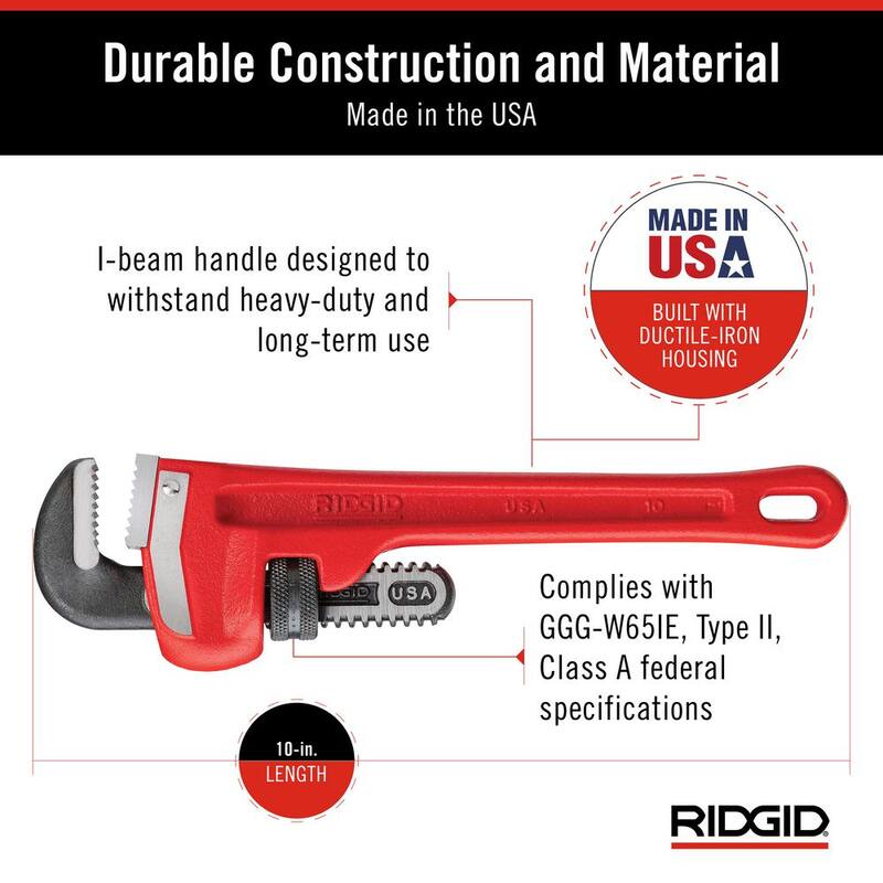 RIDGID 10 in. Straight Pipe Wrench for Heavy-Duty Plumbing, Sturdy Plumbing Pipe Tool with Self Cleaning Threads and Hook Jaws - 31010