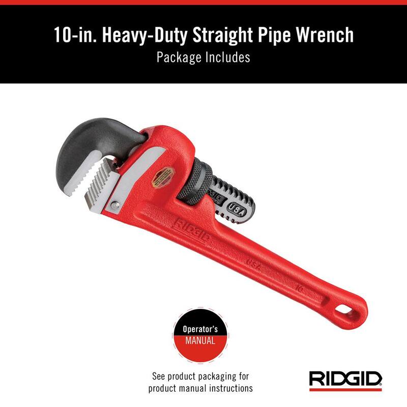 RIDGID 10 in. Straight Pipe Wrench for Heavy-Duty Plumbing, Sturdy Plumbing Pipe Tool with Self Cleaning Threads and Hook Jaws - 31010