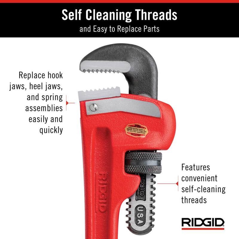 RIDGID 10 in. Straight Pipe Wrench for Heavy-Duty Plumbing, Sturdy Plumbing Pipe Tool with Self Cleaning Threads and Hook Jaws - 31010
