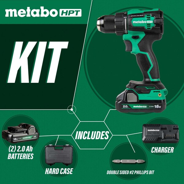 Metabo Hpt 18V MV Cordless Brushless Driver Drill Kit 2 x 2.0Ah w/Bag - DS18DEXM
