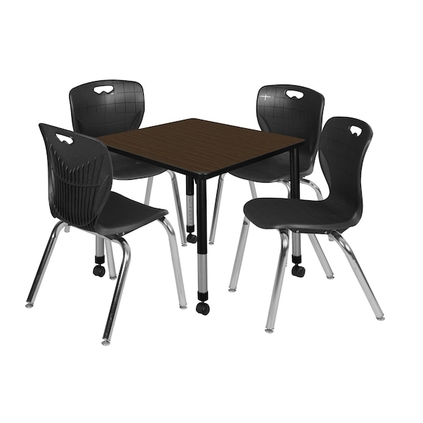 Regency Square Kee Mobile Adjustable Classroom Table W/ 4 Andy Chairs, 30 in W, 30 in L, Neo Walnut - TB3030NWAPCBK40BK