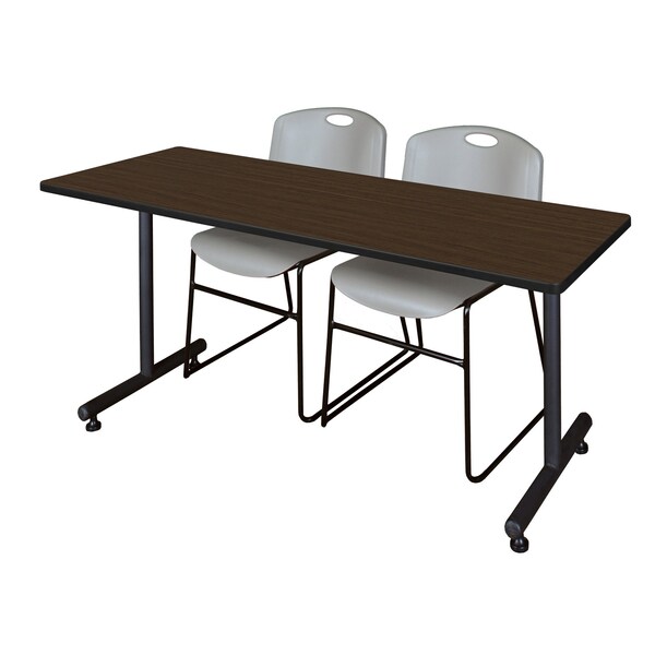 Regency Kobe T-Base Training Seminar Table W/ 2 Zeng Stack Chairs, 72 in W, 24 in L, Neo Walnut - MKTRCT7224NW44GY