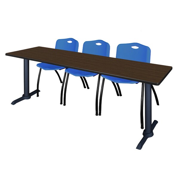 Regency Cain T-Base Training Seminar Table W/ 3 M Stack Chairs, 84 in W, 24 in L, Neo Walnut - MTRCT8424NW47BE