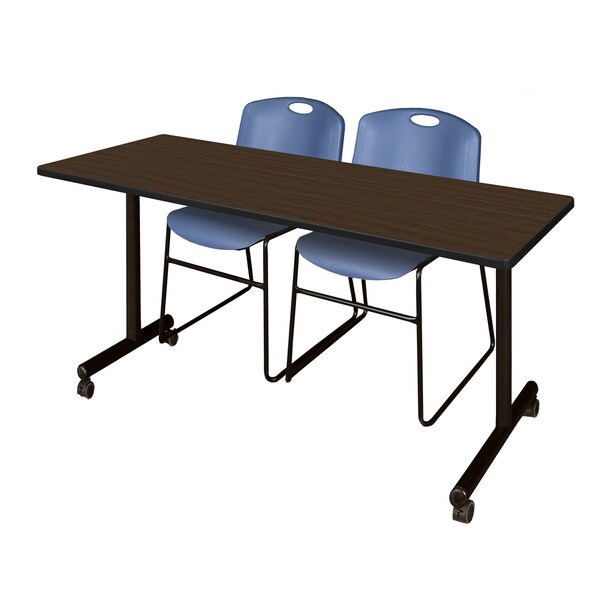 Regency Kobe Mobile T-Base Training Table W/ 2 Zeng Stack Chairs, 72 in W, 24 in L, Neo Walnut - MKTRCC7224NW44BE