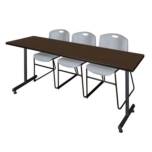 Regency Kobe T-Base Training Seminar Table W/ 2 Zeng Stack Chairs, 84 in W, 24 in L, Neo Walnut - MKTRCT8424NW44GY