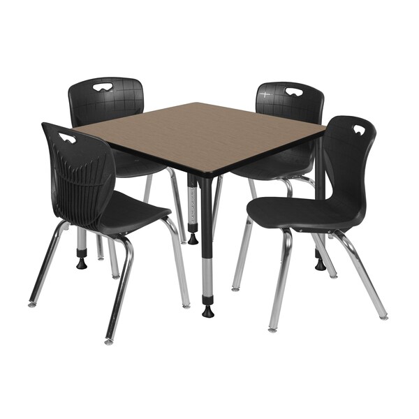 Regency Square Kee Adjustable Classroom Table W/ 4 Andy Stack Chairs, 36 in W, 30 in L, Noble Oak - TB3636NOAPBK40BK