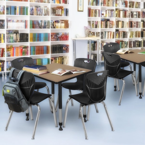 Regency Square Kee Adjustable Classroom Table W/ 4 Andy Stack Chairs, 36 in W, 30 in L, Noble Oak - TB3636NOAPBK40BK