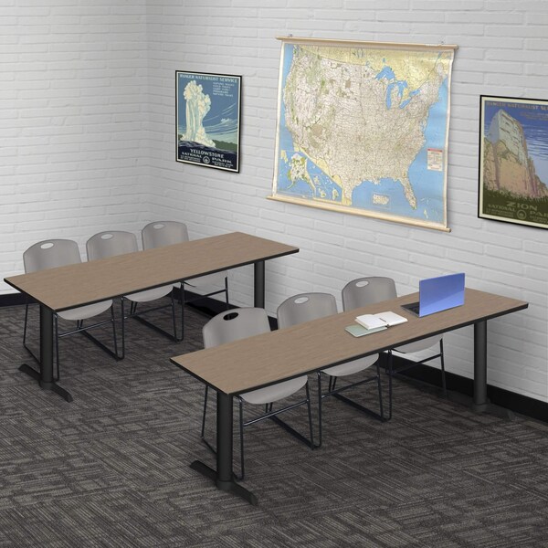 Regency Cain T-Base Training Seminar Table W/ 3 Zeng Stack Chairs, 84 in W, 24 in L, Noble Oak - MTRCT8424NO44GY
