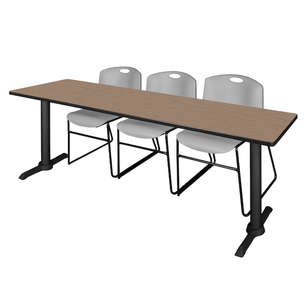 Regency Cain T-Base Training Seminar Table W/ 3 Zeng Stack Chairs, 84 in W, 24 in L, Noble Oak - MTRCT8424NO44GY