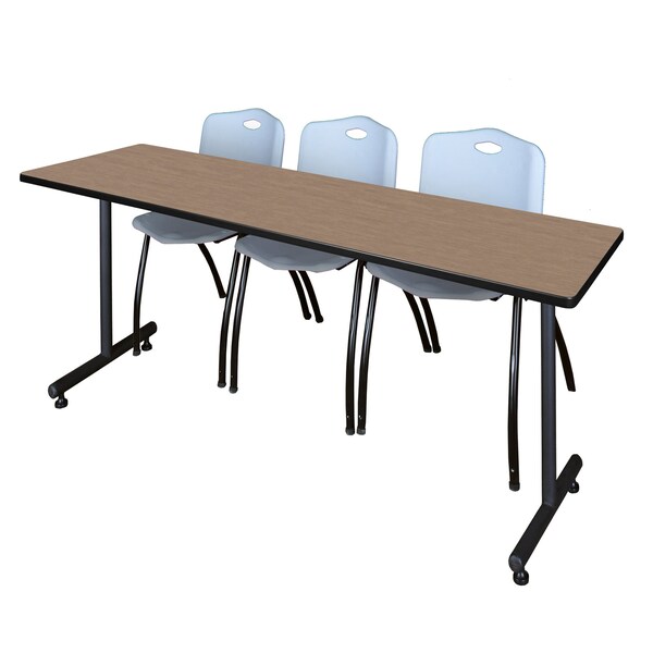 Regency Kobe T-Base Training Seminar Table W/ 2 M Stack Chairs, 84 in W, 24 in L, Noble Oak - MKTRCT8424NO47GY
