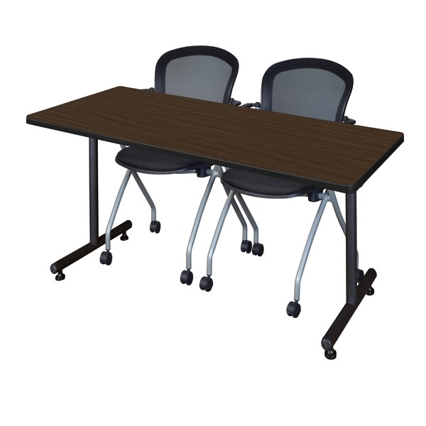 Regency Kobe T-Base Training Seminar Table W/ 2 Cadence Stack Chairs, 72 in W, 30 in L, Neo Walnut - MKTRCT7230NW23BK