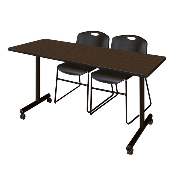 Regency Kobe Mobile T-Base Training Table W/ 2 Zeng Stack Chairs, 66 in W, 24 in L, Neo Walnut - MKTRCC6624NW44BK